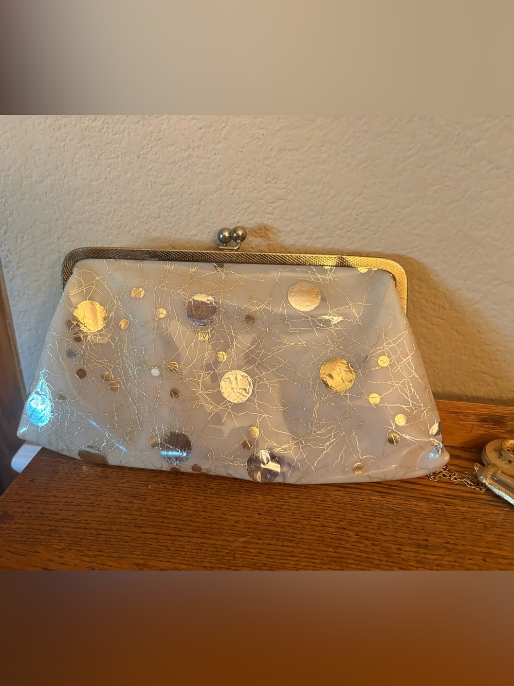 Vintage PlasticGold Metallic Dot Clutch with kiss lock 9x5